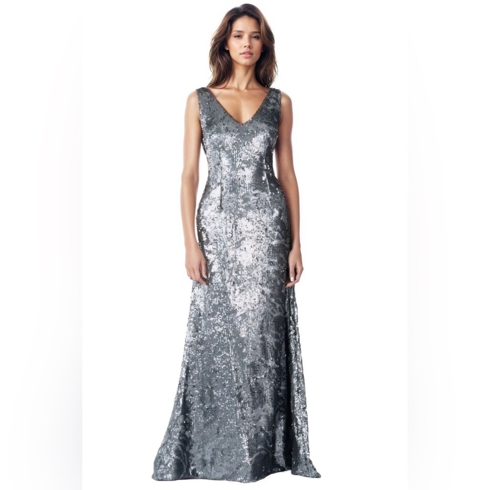 Rene Ruiz Collective V-neck Sequin Gown in "Silver" Size 10